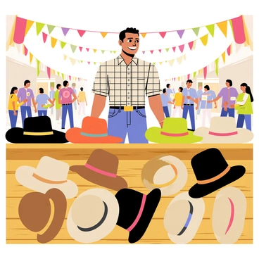 A vendor standing behind a rustic wooden stall filled with a variety of cowboy hats. The hats include different styles such as wide-brimmed black felt hats, straw hats with colorful bands, and classic brown leather hats. The vendor, a middle-aged man with a friendly smile, is wearing a plaid shirt and denim jeans. In the background, a crowd of people is walking around, some are examining the hats, while others are enjoying food from nearby stalls. Colorful banners and flags are hanging above the market, adding to the lively atmosphere.