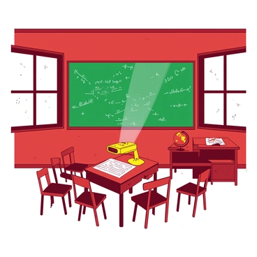 A red classroom features a large green chalkboard on the front wall, filled with mathematical equations in white chalk. In the center of the room, there is a wooden desk with an open yellow overhead projector, casting light onto a white sheet of transparency laid out on top of it. Several wooden chairs are arranged in rows facing the chalkboard, and a vintage globe sits on a nearby shelf. Large windows allow natural light to filter in, illuminating the dust particles floating in the air.