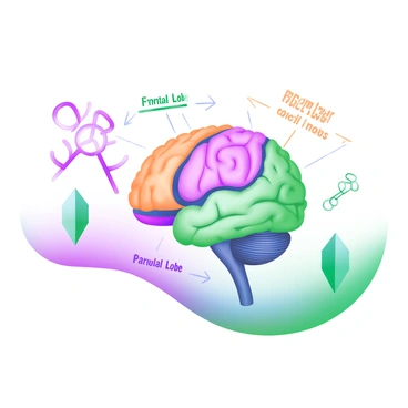 An anatomical illustration of the human brain is prominently displayed in the center. The brain is depicted in accurate detail, showcasing the various lobes distinctly. Each lobe is labeled with the names "Frontal Lobe," "Parietal Lobe," "Occipital Lobe," and "Temporal Lobe" in clear, bold lettering. The lobes are color-coded for easy identification, with soft pastel shades. Surrounding the brain are artistic representations of neurons and synapses, illustrating the connections within the brain. The background is a gentle gradient, providing a calming effect to the overall image.