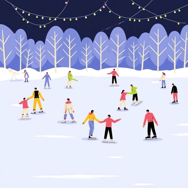 A frozen lake surrounded by snow-covered trees glistens under the night sky. Several people are ice skating on the smooth surface of the lake, showcasing a variety of colorful winter clothing. Twinkling lights are strung across the trees, casting a warm glow over the scene. Some skaters are holding hands while others are performing spins and jumps, creating a lively atmosphere. The reflections of the lights shimmer on the ice, enhancing the magical feel of the moment.