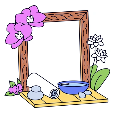 A sophisticated frame made of intricate wood with floral carvings. Surrounding the frame are vibrant, exotic orchids in shades of purple, pink, and white, featuring delicate petals and green leaves. Inside the frame is a tranquil spa scene, showcasing a bamboo mat with a rolled white towel, a small stack of smooth stones, and a bowl filled with water and floating lotus flowers. There are subtle hints of greenery in the background, enhancing the serene atmosphere.