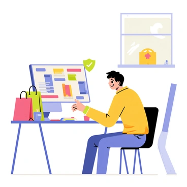 A shopper is sitting at a desk, smiling while looking at a computer screen. The screen displays various colorful product images and a large "secure payment" icon in the corner, which features a green shield and a checkmark. The desk is cluttered with shopping bags and small items like a notebook and a coffee cup. The shopper is casually dressed and has short brown hair. The room is bright and inviting with a window showing a sunny day outside.