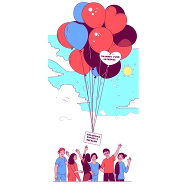 A vibrant mixture of red and blue balloons floats upward into a bright sky. Each balloon is tied with a thin string to a small card that bears handwritten messages of gratitude for veterans. The balloons vary in size and shape, some are round while others are heart-shaped. Below, a group of people watches with smiles on their faces, their hands raised as they release the balloons. The sun shines brightly, casting warm light on the scene.