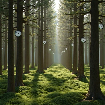 A dense forest with tall, slender trees with smooth, brown bark. Each tree has branches that extend outward, and instead of traditional leaves, there are various clocks of different sizes and designs hanging from the branches. The clocks show different times, symbolizing the passage of time. The forest floor is covered with a lush blanket of green moss, and rays of sunlight filter through the branches, casting dappled shadows on the ground.