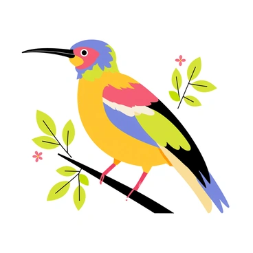 A vividly illustrated "extinct bird" perched on a branch, showcasing an array of bright colors and intricate feather details. The bird has an elongated beak and strikingly patterned plumage. The background features lush green leaves and soft hints of flowers, creating a natural habitat setting. The scene is filled with delicate touches that highlight the beauty and uniqueness of the bird, encapsulating its majestic presence in an engaging manner.