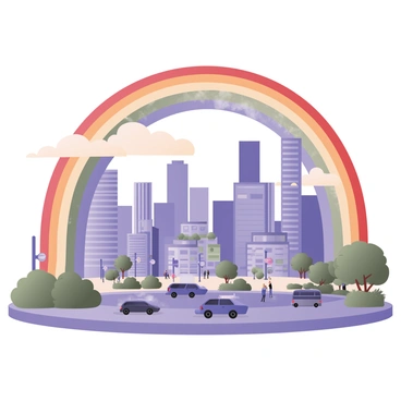 A digital flat illustration featuring a vibrant rainbow arching over a bustling city skyline. Each color band of the rainbow is composed of various denominations of currency, with shades of red, orange, yellow, green, blue, and purple distinctly visible. The city below has tall skyscrapers with reflective glass windows, while a few clouds can be seen in the blue sky. The ground level shows busy streets with cars and people walking. Some trees are visible, adding green to the urban landscape, and the sunlight casts gentle shadows creating depth in the city scene.
