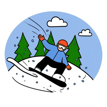 A snowboarder with light skin and a helmet is carving through fresh powder on a snowy mountain slope. The snowboarder is wearing a bright blue jacket and black pants, showcasing vibrant gloves and goggles. Snow is flying up around them as they make sharp turns on the slope. In the background, there are tall evergreen trees covered in snow, and the sky is clear with a few fluffy clouds. The sunlight reflects off the snow, creating a sparkling effect on the surface.