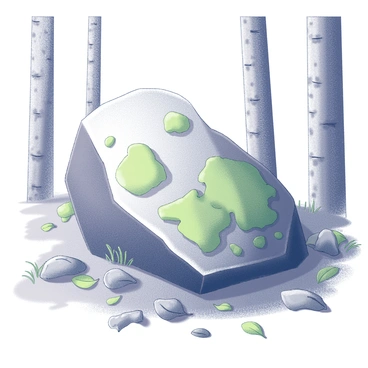 A large, moss-covered stone sits prominently on the forest floor. The stone is irregularly shaped, with patches of green moss clinging to its surface. Surrounding the stone are various fallen leaves, their shapes and textures diverse, showcasing the remnants of the forest's canopy. The ground is damp, with small tufts of grass peeking through the layer of leaves, and the atmosphere is thick with moisture. In the background, tall trees with rough bark rise, creating a sense of depth in the forest setting.