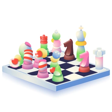 A chess set is displayed on a glossy, white table. Each piece is made entirely of colorful candies and sweets. The pawns are represented by small round gummy candies in vibrant colors like red, green, and yellow. The rooks are large, cylindrical candy lozenges with striped patterns, while the knights are shaped like chocolate-covered marshmallows. The bishops are elegant, elongated jellybeans, and the queens are towering, sparkling gumdrops. Finally, the kings are tall, shiny lollipops with swirled colors. The chessboard is made of alternating dark chocolate and white icing squares, creating a bright and playful scene.