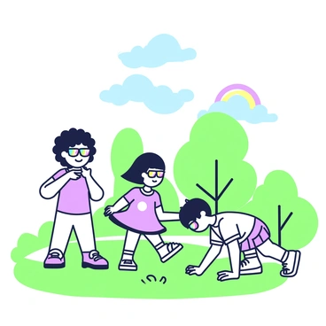 A group of children is playing in a sunny park, each wearing eyeglasses that reflect a vibrant rainbow. The first child, with curly hair, stands on the grass and laughs while looking through their glasses, capturing the colors of the rainbow in their lenses. Next to them, a girl with straight hair spins around, her eyeglass frames glinting in the sunlight as the rainbow's reflection dances on her face. Another child crouches down, peering closely at the ground, with their glasses reflecting the full arc of the rainbow above. The scene includes green trees in the background and a few fluffy clouds drifting in the blue sky.