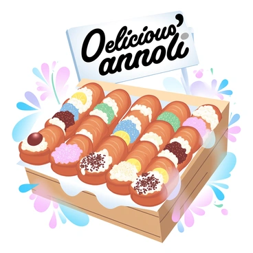 A market stall is filled with an array of colorful cannoli on display. Each cannolo is beautifully decorated with a variety of toppings such as chocolate chips, crushed pistachios, and bright fruit slices. The pastry shells appear crisp and golden, with some filled with classic ricotta cream, while others feature innovative flavors like lemon and chocolate. Surrounding the cannoli, there are small decorations like flowers and herbs that add freshness to the scene. The stall is framed by a backdrop of wooden crates, giving it an authentic market feel. A sign above the stall reads "Delicious Cannoli" in elegant script.