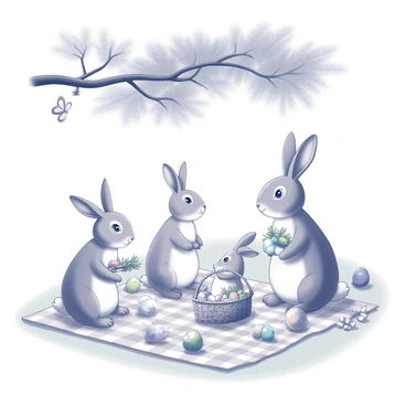 A family of rabbits gathered for a picnic on a grassy area. The rabbits are sitting on a checkered blanket, with one rabbit holding a woven basket filled with assorted treats. There are colorful eggs scattered around the picnic area, and other rabbits are nibbling on carrots and leafy greens. A large tree provides shade, with dappled light filtering through its leaves, and butterflies fluttering nearby. The scene conveys a cheerful atmosphere of togetherness and celebration.