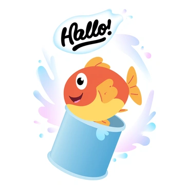 A colorful tin can is open, with a playful fish character popping out. The fish has a bright orange and yellow body with whimsical fins. Surrounding the tin can are splashes of water droplets, depicting movement and excitement. The background features soft, gradient pastel colors that create a cheerful atmosphere. Above the fish, there is a small bubble that contains the text "Hello!" in playful typography.