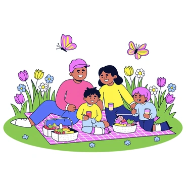 A family of four is sitting on a bright checkered picnic blanket in a blooming park. The parents are smiling, while their two children are playing nearby. The grass is lush and green, dotted with a variety of colorful flowers like daisies and tulips in shades of pink, yellow, and blue. Butterflies with vibrant wings are fluttering above the flowers. In front of the family, there are picnic baskets filled with fruits and sandwiches along with drinks in colorful cups.