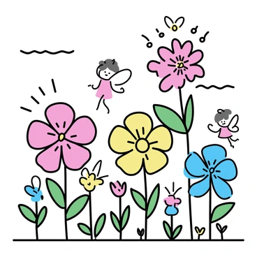 A garden filled with oversized flowers in vibrant colors, including reds, yellows, and blues, towering above the ground. The flowers have large, detailed petals and leafy green stems. Tiny fairies, with delicate wings and colorful outfits, are flitting about among the flowers. Some fairies are hovering near the blossoms, while others are playfully interacting with one another. Sunlight filters through the garden, casting playful shadows on the ground.