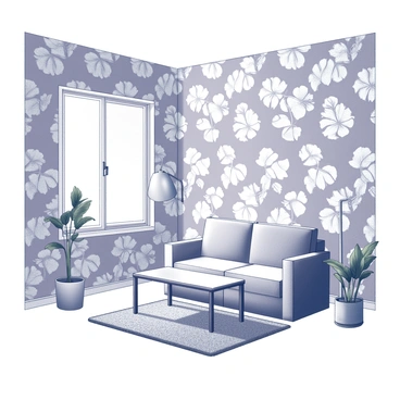 A room featuring wallpaper adorned with a "monstera leaf pattern" that covers all four walls. The space includes a modern seating area with a sleek sofa and a glass coffee table positioned in the center. A standing lamp with a unique design is placed next to the sofa, casting light across the room. The floor is covered with a plush area rug, and there are potted plants placed strategically in the corners, adding a touch of greenery to the environment. A window allows natural light to filter into the room, enhancing the overall atmosphere.