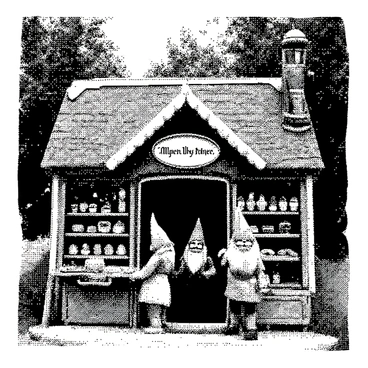 A tiny bakery is nestled in a vibrant forest, featuring whimsical gingerbread houses with candy decorations lining the exterior. The gnomes, with their pointy hats and cheerful expressions, are busy arranging shelves full of pastries. The shelves are overflowing with various baked goods, including cookies, tarts, and cakes, each with intricate details. The gnomes are working together, one is gently dusting powdered sugar over the pastries, while another is placing a tray of fresh cookies on the counter. The entrance to the bakery is adorned with twinkling lights and a sign that reads "Bakery of Wonders" hanging above the door.