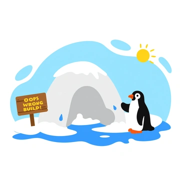 A cute penguin standing on a patch of snow, looking curiously at a melted igloo in front of it. The igloo has a few dripping icicles and is partially collapsed, with puddles of water surrounding it. A wooden sign is planted in the ground next to the igloo, featuring the words "Oops, wrong build!" in bold, playful letters. The sky above is bright and sunny, contrasting with the snowy landscape. The penguin has a surprised expression, with its flippers slightly raised.