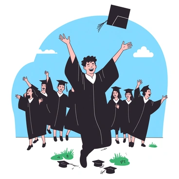 A cheerful student wearing a black cap and gown is joyfully throwing their graduation cap into the air. The student's arms are outstretched, and their face is lit up with excitement. Around the student, there is a group of fellow graduates in similar attire, all celebrating the moment. The background features a bright blue sky, complementing the scene of achievement and celebration. The ground is scattered with a few fallen caps and decorated with patches of green grass.