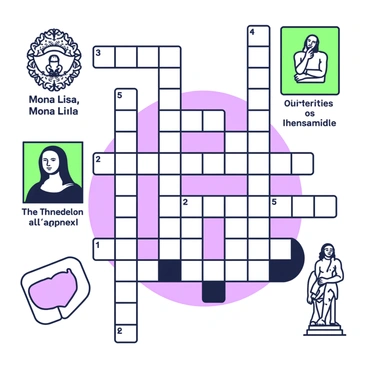 A crossword puzzle is laid out on a white background. The grid is filled with black and white squares, creating a structured form. Each word in the puzzle is associated with an artwork. For example, one word representing "Mona Lisa" fills several squares across, while another word for "The Thinker" runs vertically. Around the crossword, small illustrations of each artwork are placed near their respective clues. The "Mona Lisa" is depicted with her enigmatic smile and intricate background, while "The Thinker" is shown in a thoughtful pose, highlighting the sculpture's details. Each clue is written clearly next to the puzzle, while all visual elements maintain a clean and organized appearance.