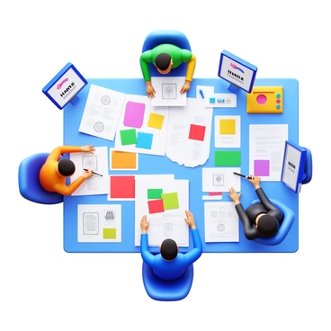 A group of designers collaborating on a new brand logo. The scene features multiple sketches of various logo concepts spread out on a large table. Color swatches in vibrant hues are arranged around the sketches, showcasing different color combinations. One designer is actively sketching on a notepad, while another is pointing to a particular design with enthusiasm. The workspace is filled with creative tools such as markers, pencils, and samples of materials. There are also digital devices displaying logo drafts on screens.