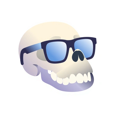 A dog skull is placed prominently in the center of the image. The skull is detailed, showcasing intricate features of the canine anatomy, including the eye sockets and teeth. It is adorned with oversized, stylish sunglasses that have a sleek black frame and reflective lenses. The glasses rest comfortably on the skull, adding a playful touch to the otherwise stark appearance. The background is subtle, enhancing the focus on the dog skull and its unique accessory.