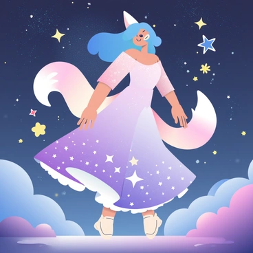 A character with fox-like features and bright blue hair is gracefully dancing among the stars in a vast cosmic setting. She is wearing a flowing ethereal dress that shimmers with various hues of purple and blue, giving the impression of a galaxy. Her multiple tails are elegantly trailing behind her, each tail glowing softly. Surrounding her are twinkling stars of different sizes and a dark, expansive space filled with distant galaxies. The scene is illuminated by a gentle light emanating from the celestial bodies, creating a magical ambiance in the cosmos.