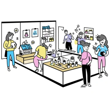 A spacious exhibition hall filled with various displays demonstrating "sustainable living practices." One section features a clear display on "solar energy," showcasing solar panels installed on a small model house. Another area presents a vibrant "gardening" setup, with potted plants, herbs, and vegetables arranged neatly on wooden shelves. Nearby, there are tables displaying various "eco-friendly products," such as reusable bags, bamboo utensils, and biodegradable containers. Attendees, wearing casual clothing, are exploring the exhibits, engaging in discussions, and taking notes. Bright lighting enhances the visibility of each display, creating an inviting atmosphere.