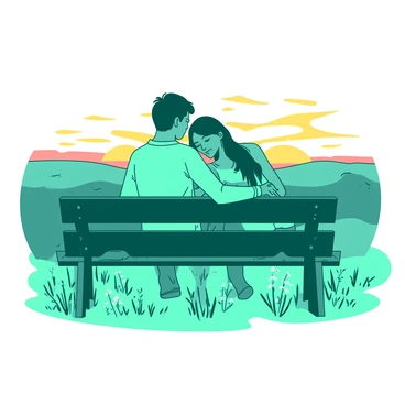 A couple sitting closely on a bench watching the sunset