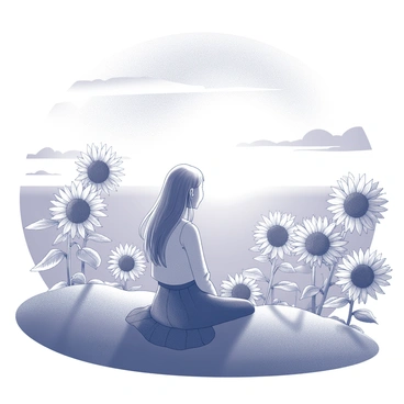 A girl sitting on a hilltop. She is dressed in a fashionable outfit, featuring a stylish top and a flowing skirt. The girl has long hair, gently blowing in the breeze. Around her, there are numerous blooming sunflowers, their large heads turned toward the ground. The sky above is filled with various shades of light, indicating a sunset. The hilltop offers a panoramic view, enhancing the sense of height and openness in the composition.