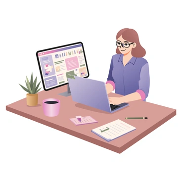 A digital flat illustration depicting a customer sitting at a wooden desk, placing an online order for wholesale products from a laptop. The customer is a middle-aged woman with light skin, wearing glasses and a blue shirt. She is focused on the laptop screen, which displays a colorful e-commerce website with various product images. Next to the laptop, there is a notepad with a list of items and a pen. A cup of coffee sits on the corner of the desk, and a plant in a small pot adds greenery to the scene. The background features a soft, light-colored wall.
