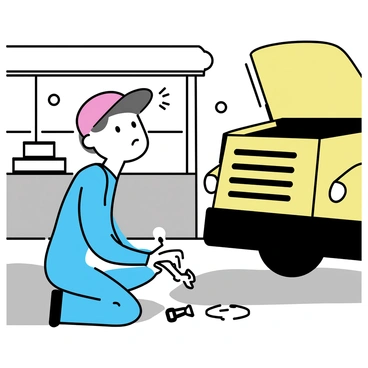 A mechanic, wearing a blue jumpsuit and a red cap, is crouched down in a garage. He is focused on the open hood of a yellow school bus, revealing the engine compartment. Tools are scattered around him, including a wrench and a screwdriver, while the bus's yellow exterior contrasts with the gray concrete floor. The garage is filled with various car parts and a large toolbox in the background. Bright overhead lights illuminate the scene, highlighting the mechanic's concentration.
