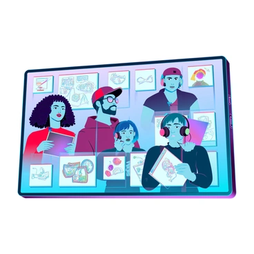A group of five individuals engaged in a Zoom call, each displayed in separate rectangular frames on a digital screen. The participants include a woman with curly hair wearing glasses, a man with a beard and a baseball cap, a young artist with colorful hair, a middle-aged person with short hair and a headset, and a teenager with a bright smile and headphones. Each participant is surrounded by their own creative workspace, featuring sketchbooks, digital tablets, and various art supplies. They are all focused on their screens, sharing tips and showing their ongoing illustrations, with vibrant colors and details visible on their sketches.