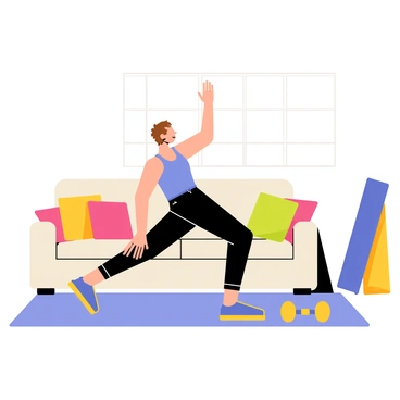 A person performing standing side crunches in a cozy living room. The individual has short brown hair and is wearing a blue tank top and black leggings. In the background, there is a soft beige sofa with colorful cushions. Nearby, various exercise equipment is visible, including a yoga mat rolled up in the corner and a set of dumbbells resting on the floor. A large window lets in natural light, illuminating the room and creating a warm atmosphere.