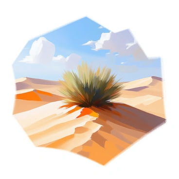 A solitary bush with green, spiky leaves is situated in the center of a vast, sandy desert landscape. The surrounding sand dunes are gently rolling, displaying various shades of golden yellow and light brown. The sky above is a clear blue, with a few wispy clouds scattered across it. The sunlight casts soft shadows on the sand, emphasizing the texture and the undulating patterns created by the wind. The bush stands resilient amid the arid environment, highlighting the contrast between life and the barren landscape.
