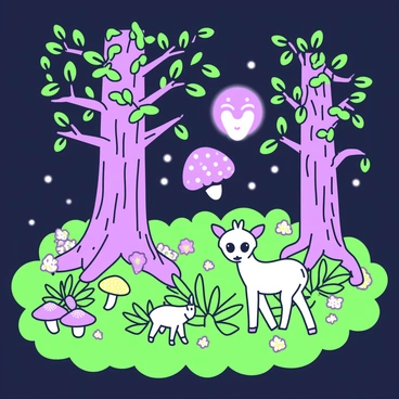 A dense forest is filled with trees that have glowing trunks and leaves. The light they emit creates a soft illumination around them. Among the trees, there are several mysterious creatures. One creature resembles a small deer with large, luminous eyes standing near a cluster of flowers. Another creature, which looks like a floating orb, hovers gently above a patch of moss. The forest floor is covered in an array of ferns and colorful mushrooms, contributing to the enchanting atmosphere. A gentle mist lingers in the air, adding to the sense of mystery within the scene.