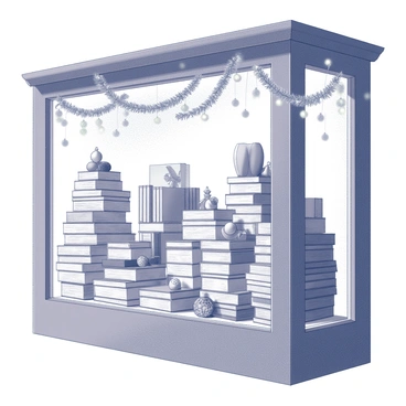 A storefront window of a bookstore, showcasing an inviting display. The setup features an assortment of books stacked and arranged both vertically and horizontally. Seasonal decorations are placed strategically among the books, including small ornaments and festive motifs that reflect the holiday theme. There are garlands draping elegantly across the top of the display, while twinkling lights are intertwined with the decorations, adding visual interest. The window’s frame is adorned with subtle accents that complement the overall seasonal aesthetic, creating a warm and cozy atmosphere that draws attention from passersby.
