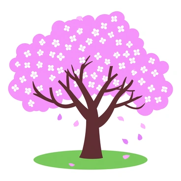 A cluster of cherry blossom trees with abundant pink flowers in full bloom. The branches are laden with delicate blossoms, creating a vibrant canopy. Petals are shown gently falling from the trees, spiraling down towards the green grass below. The ground is dotted with a carpet of pink petals, adding to the beauty of the scene.