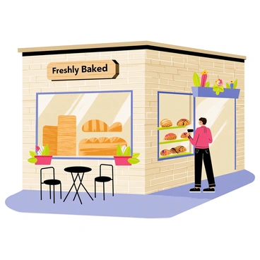 A charming corner bakery with freshly baked bread and pastries on display