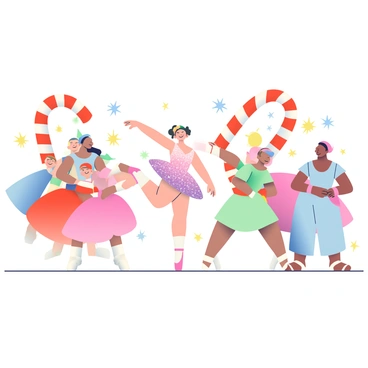 A scene from The Nutcracker ballet with candy canes as props