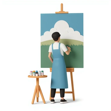 An artist, wearing a blue apron and a black beret, is standing in front of a large canvas. The canvas features a vibrant landscape that is being painted in reverse, with the top part depicting a bright blue sky filled with fluffy white clouds. The artist holds a paintbrush, carefully adding strokes of green to the lower section that will become grass. Nearby, a wooden easel supports the canvas, and an assortment of paint tubes and brushes are scattered on a small table beside the artist. The overall scene captures the unique process of creating a landscape from the sky down.