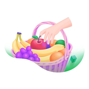 A hand reaching towards a shiny red apple nestled among a variety of fruits in a woven basket. The basket is overflowing with vibrant colors, featuring bananas, oranges, and grapes. The hand is depicted with gentle fingers extended, showcasing a light skin tone. The background is a soft pastel color that complements the bright hues of the fruits. The scene is bright and inviting, emphasizing the freshness of the produce.