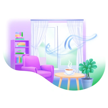 A modern pastel illustration of a quiet room featuring soft pastel-colored walls and a cozy armchair. In the corner, a small bookshelf holds several books with colorful spines. A light wooden table stands beside the chair, topped with a steaming cup of tea. Gentle sound waves are visually represented as delicate, flowing lines in soft blue hues, subtly floating in the air. A potted plant with lush green leaves sits near the window, allowing soft light to filter through sheer curtains. The overall atmosphere conveys tranquility and calm.