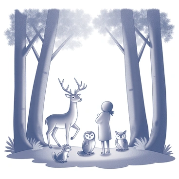 A translucent spirit figure stands among the trees, gazing out over the forest. The spirit is ethereal, with flowing features that merge with the surrounding air. Various animals are gathered at the base of the trees, including a deer with delicate antlers, a wise owl perched on a low branch, and a playful squirrel crouched nearby. The dense trees form a natural backdrop, their trunks thick and textured, while foliage rustles gently. The animals seem calm, appearing to respect the presence of the spirit as they observe the serene environment filled with life.