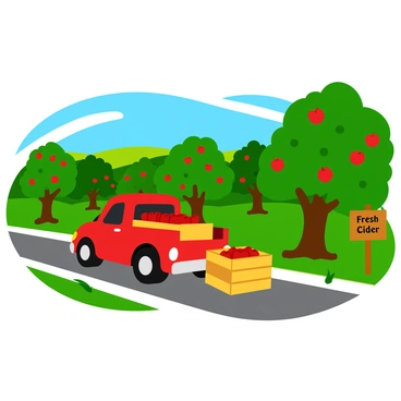 A bright red truck is parked at a picturesque apple orchard, with wooden crates filled with freshly pressed cider being unloaded from the back. The orchard is teeming with lush green apple trees, heavy with ripe red apples. Sunlight filters through the branches, casting dappled shadows on the ground. In the background, rolling hills stretch under a clear blue sky, and a wooden sign that reads "Fresh Cider" is visible near the truck.