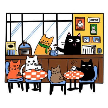 A cozy café with a warm atmosphere, featuring several cats of different breeds and colors sitting at small tables. Each cat is enjoying a cup of coffee, with one fluffy white cat wearing a tiny scarf. The café interior has vintage décor, including checkered tablecloths and a jukebox in the corner. Sunlight streams through large windows, casting a soft glow on the wooden counter where a barista cat, with big eyes and a sleek black coat, prepares drinks. On the walls, there are framed pictures of famous cats from the 1950s, adding to the nostalgic charm.