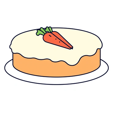A round carrot cake with a smooth layer of cream cheese icing covering the entire surface. The icing is white and thick, spreading evenly to create a polished look. On top of the cake, there are fresh, thinly sliced orange carrots arranged artfully, adding a vibrant color contrast to the icing. The cake is placed on a simple white cake stand, showcasing its decorative elements clearly.