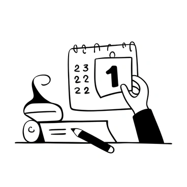 A hand is depicted flipping a calendar page, with the current date visible before the transition. The newly revealed date on the page shows "1" prominently, suggesting the start of a fresh month. The background features a simple desk with a few items such as a pencil and a closed notebook, emphasizing the concept of a new beginning. A light shadow falls across the scene, adding depth to the image.
