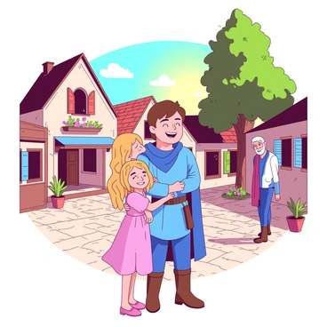 A blue-clad hero with short brown hair is embracing their family in the center of a quaint village square. The family consists of a woman with long blonde hair, a little girl wearing a pink dress, and an elderly man with gray hair, all smiling joyfully. The village square is surrounded by charming, rustic buildings with colorful shutters. In the background, there is a tall, green tree offering shade. The ground is cobbled, with colorful flower pots placed around. The sun is setting, casting a warm glow over the scene.