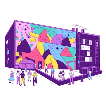 A vibrant mural painted on a large building wall in Dundee depicts various local street art styles. The mural features bold geometric shapes and intricate patterns in both color_1 and color_2. Several elements of the mural include stylized animals and abstract figures, showcasing the creativity of the local artists. In the foreground, a small crowd of people is gathered, admiring the artwork. Some individuals are taking photos while others are discussing the mural's meaning and inspiration. The building itself has a textured surface, adding depth to the mural's visual impact.